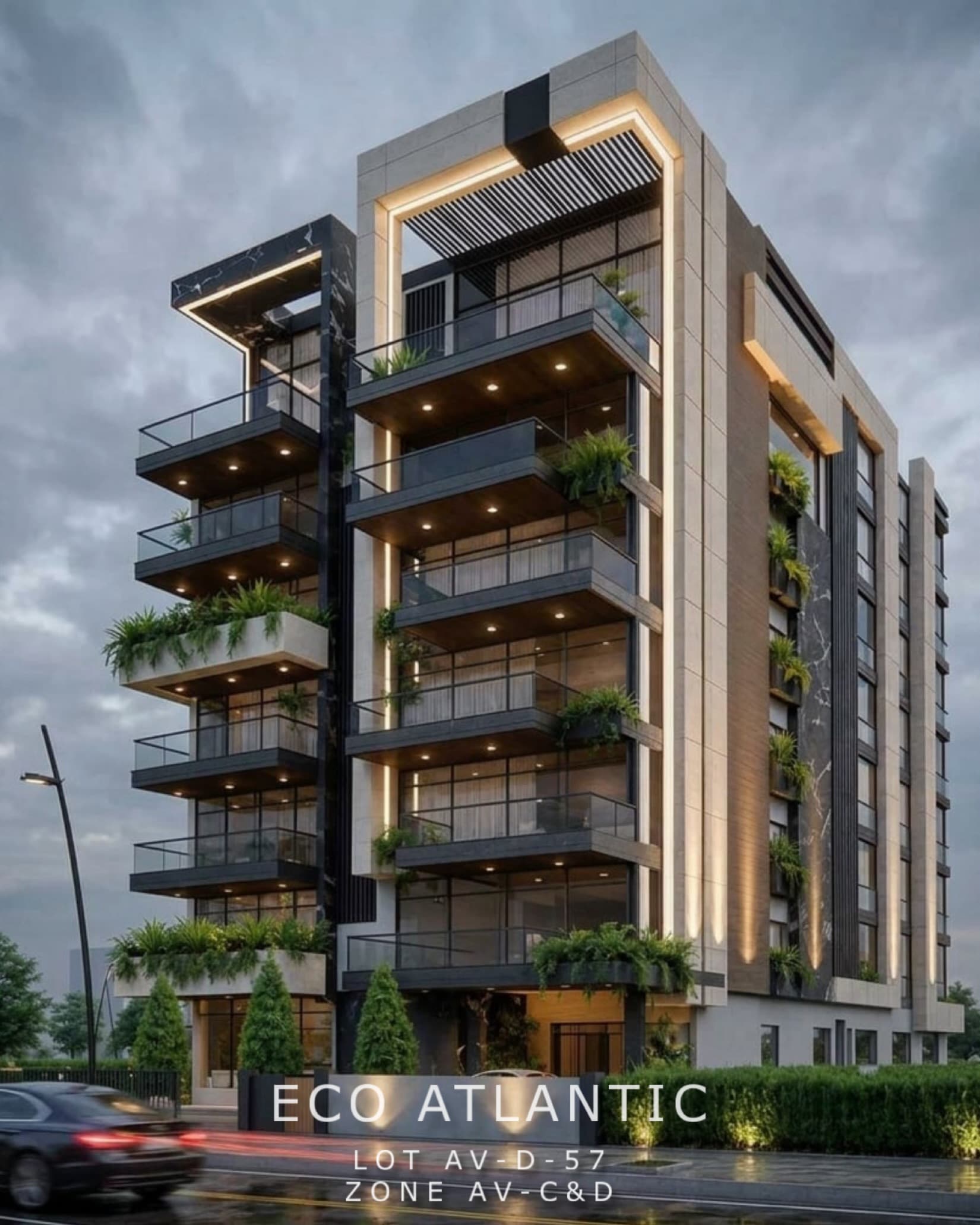Eco Atlantic Residences at dusk, the LED frame lit